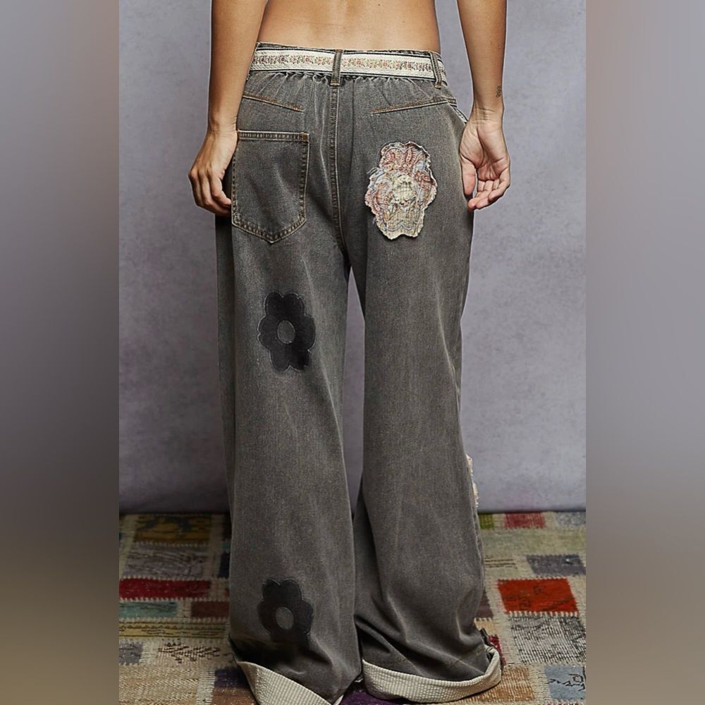 POL NWT Floral Patchwork Rolled-Up Denim Straight Pants Size Large - Picture 4 of 9